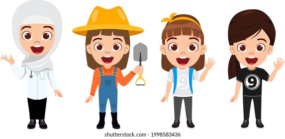 Happy cute multi professional kid girl characters standing doctor student farmer player