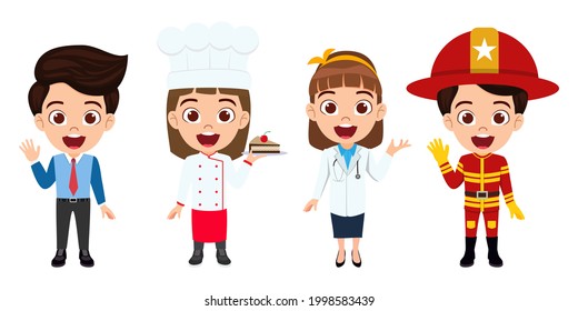 Happy cute multi professional kid characters standing doctor master chef businessman fireman