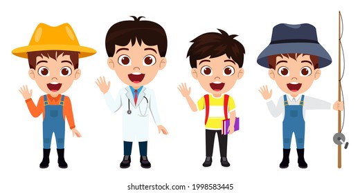 Happy cute multi professional kid boy characters standing doctor student farmer fisherman