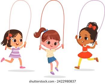 Happy cute multicultural girls play jump rope. Cartoon Illustration of children playing Jump rope. Vector