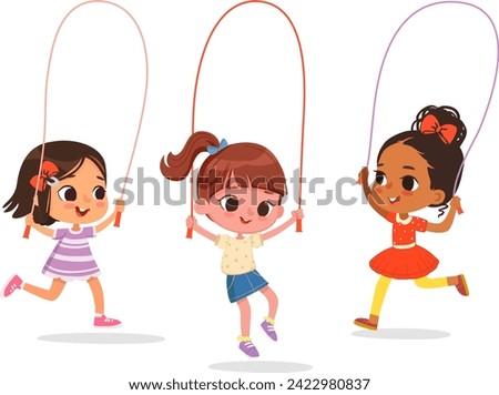 Happy cute multicultural girls play jump rope. Cartoon Illustration of children playing Jump rope. Vector