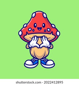 Happy Cute Mushroom Cartoon Vector Ilustración Icono. Vector Premium Aislado de Concepto de icono de objeto natural. Estilo de dibujo plano