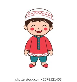 Happy Cute Muslim Kid Boy Cartoon Character Wearing Islamic Traditional Clothes