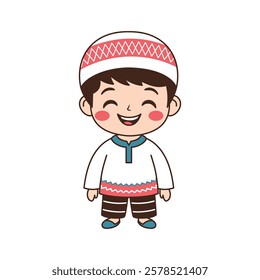 Happy Cute Muslim Kid Boy Cartoon Character Wearing Islamic Traditional Clothes