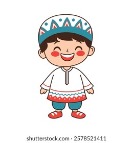 Happy Cute Muslim Kid Boy Cartoon Character Wearing Islamic Traditional Clothes