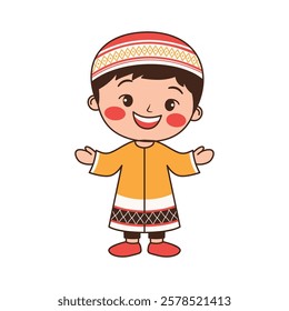 Happy Cute Muslim Kid Boy Cartoon Character Wearing Islamic Traditional Clothes