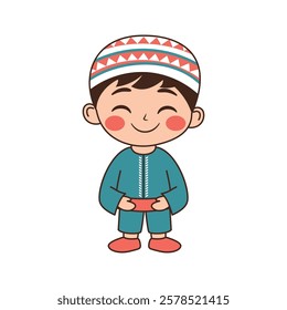 Happy Cute Muslim Kid Boy Cartoon Character Wearing Islamic Traditional Clothes