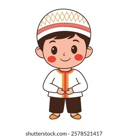 Happy Cute Muslim Kid Boy Cartoon Character Wearing Islamic Traditional Clothes