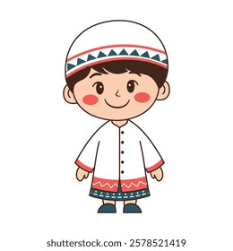 Happy Cute Muslim Kid Boy Cartoon Character Wearing Islamic Traditional Clothes