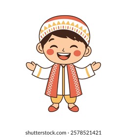 Happy Cute Muslim Kid Boy Cartoon Character Wearing Islamic Traditional Clothes