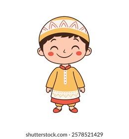 Happy Cute Muslim Kid Boy Cartoon Character Wearing Islamic Traditional Clothes