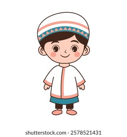 Happy Cute Muslim Kid Boy Cartoon Character Wearing Islamic Traditional Clothes