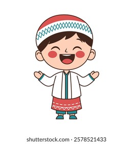 Happy Cute Muslim Kid Boy Cartoon Character Wearing Islamic Traditional Clothes