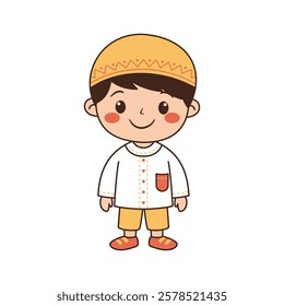 Happy Cute Muslim Kid Boy Cartoon Character Wearing Islamic Traditional Clothes