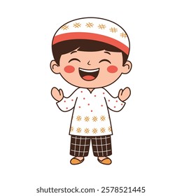 Happy Cute Muslim Kid Boy Cartoon Character Wearing Islamic Traditional Clothes