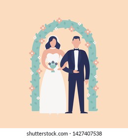 Happy cute newlywed couple standing against floral arch. Adorable bride and groom isolated on light background. Wedding ceremony and celebration party. Flat cartoon colorful vector illustration.