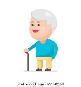 Happy cute old man smiling, Grandfather with walking stick Portrait, Vector illustration.