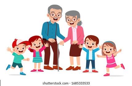 happy cute old man and woman with family together