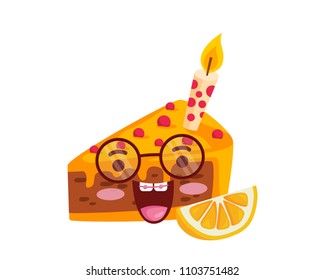 Happy Cute Orange Cheese Cake Birthday Cake Cartoon Character, Suitable For Children Book, Character, Game Asset, Infographic, Illustration, And Other Graphic Related Assets 