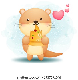 Happy cute otter eat pizza slice Cartoon character Premium Vector Perfect for merchandise, birthday