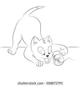 Happy cute outline playing kitten. Simple cartoon style. Page for art coloring book for kids.