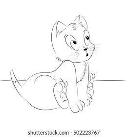 Happy cute outline surprised kitten. Simple cartoon style. Page for art coloring book for kids. Vector illustration