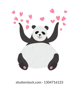Happy Cute Panda Bear Panda Surrounded by Pink Hearts, Lovely Animal Character Vector Illustration