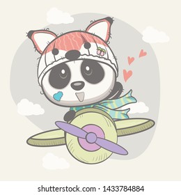 happy cute panda flying on a plane - vector