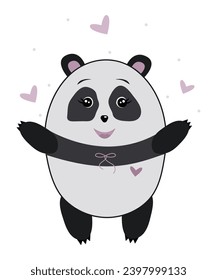 Happy cute panda juggles hearts, vector color illustration is suitable for a postcard or can be used as a print for t-shirt, notepad cover, etc.