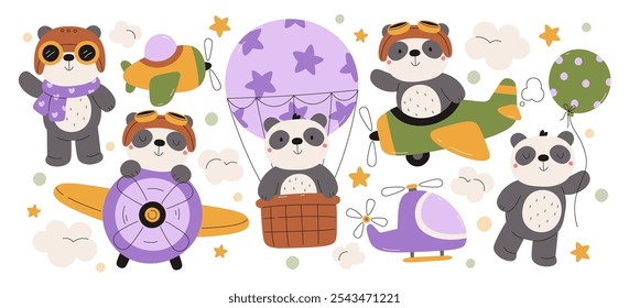 Happy cute panda pilot zoo animal character flying in sky by plane, helicopter, air hot balloon funny set. Adorable bear traveling by aircraft vehicle enjoying journey adventure vector illustration