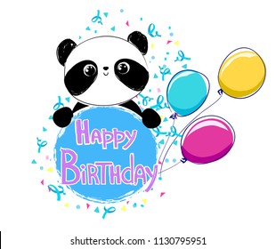 Happy Cute Panda Vector Illustration. Birthday card design. 