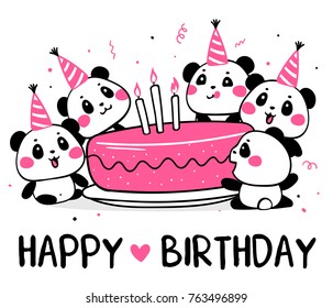 Happy cute pandas celebrate birthday. Vector illustration of many lovely cartoon pandas with big pink birthday cake on white background with inscription. Flat line art style design for party card