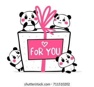 Happy cute pandas congratulate on holiday on white background. Vector illustration of many lovely cartoon pandas and big gift box with card. Flat style romantic design for greeting card, valentine day