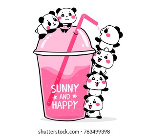 Happy cute pandas drink fruit pink cocktail in a plastic glass to take and go with a straw on white background. Vector illustration of many lovely cartoon pandas. Flat line art style design for card