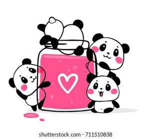 Happy cute pandas eat fruit jam on white background. Vector illustration of many lovely cartoon pandas with big pink jam jar. Flat style design for poster, greeting card, print, tshirt, sticker