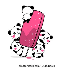 Happy cute pandas eat fruit ice cream popsicle on white background. Vector illustration of many lovely cartoon pandas with big pink ice cream. Flat style design for greeting card, tshirt, sticker