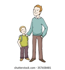 Happy cute parent and child standing together. Cartoon doodle father and son smiling. Hand drawn family vector illustration isolated on white background.