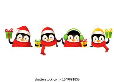 Happy cute penguin on board celebrate Christmas holidays