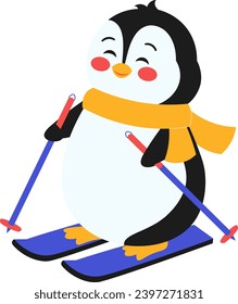 Happy Cute Penguin Skiing Illustration