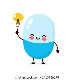 Happy cute pill with lightbulb character.Vector flat style illustration icon design. Isolated on white background. Pill have idea concept