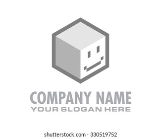 happy cute pixel cube face logo image icon cartoon character