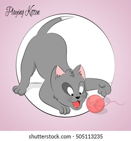 Happy cute playing kitten. Simple cartoon style. Vector illustration