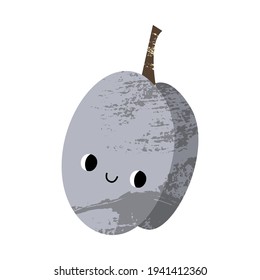 Happy cute plum character with smiling face. Funny kawaii fruit. Cherry-plum. Vector flat cartoon illustration
