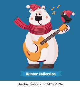 Happy cute polar bear playing guitar with small bird in flat vector style. Christmas and New Year card