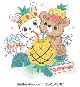 Happy cute rabbit and bear cartoon wearing pineapple hat drinking together pineapple juice on tropical summer illustration vector.

