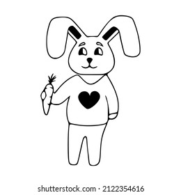 Happy cute rabbit with carrot doodle icon. Cute pets vector art on white background.