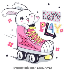 Happy cute rabbit cartoon playing roller skates on white background illustration vector, T-shirt design for kids.