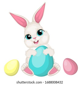 Happy cute rabbit with colored  eggs.White bunny.Cartoon vector illustration.Beautiful illustrations for Easter.