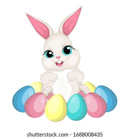 Happy cute rabbit with colored  eggs.White bunny.Cartoon vector illustration.Beautiful illustrations for Easter.