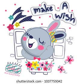 Happy cute rabbit girl cartoon at the window with shooting star and text "Make A Wish " isolated on white background illustration vector, Design for kids.